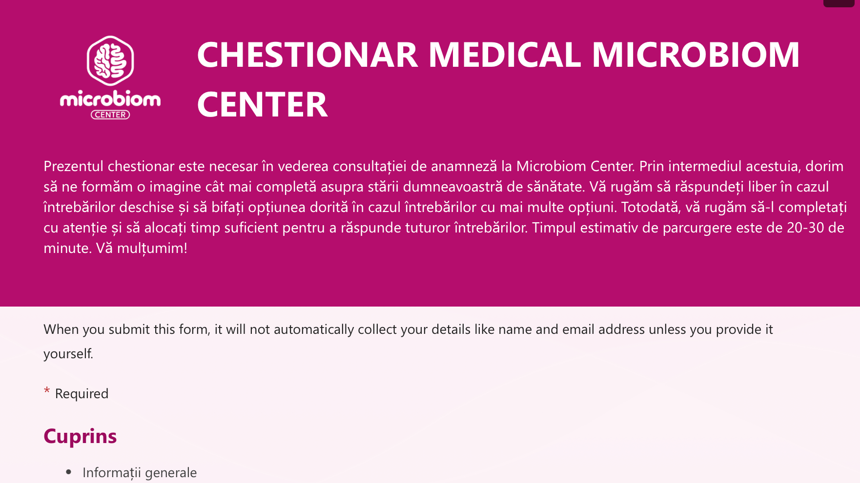 Chestionar medical Microbiom Center